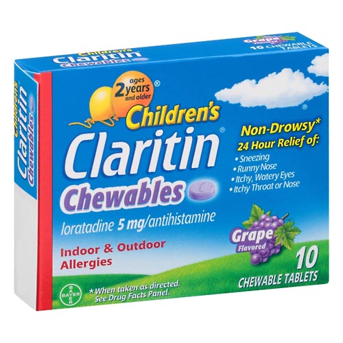 Image for Claritin Allergies, Indoor & Outdoor, 5 mg, Grape Flavor, Chewable Tablets,10ea from Nathan's Wellness Pharmacy & Apothecary