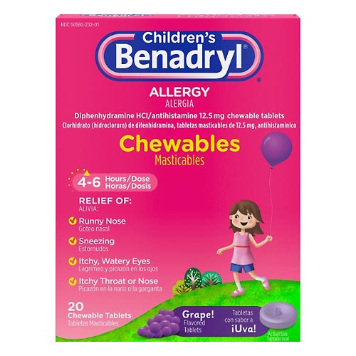 Image for Children's Benadryl Allergy, Grape, Chewable Tablets,20ea from Nathan's Wellness Pharmacy & Apothecary
